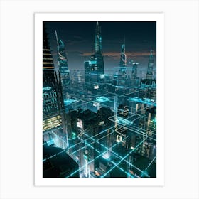 A Futuristic Cityscape Interconnected By Glowing Cyber Security Mesh Networks Represented By Pulsat (5) Art Print