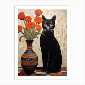 Black Cat With Orange Flowers 1 Art Print