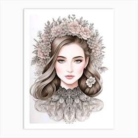 Portrait Of A Woman With Flowers 1  Art Print