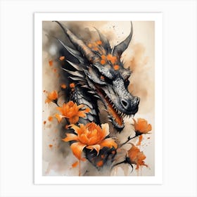 Japanese Dragon Abstract Flowers Painting (20) Art Print