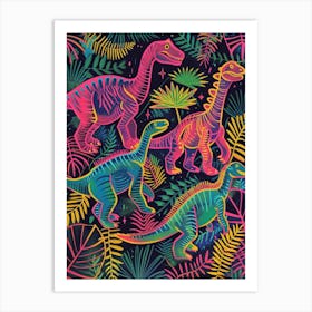 Dinosaur Neon Leaf Pattern Art Print