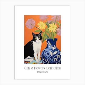 Cats & Flowers Collection Delphinium Flower Vase And A Cat, A Painting In The Style Of Matisse 2 Art Print