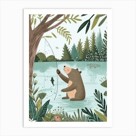 Sloth Bear Catching Fish In A Tranquil Lake Storybook Illustration 4 Art Print