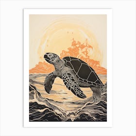 Linocut Illustration Style Of Sea Turtle And Sunset Black & Orange 2 Art Print
