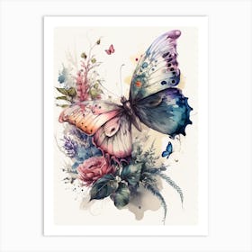 Butterfly And Flowers Watercolor Art Print