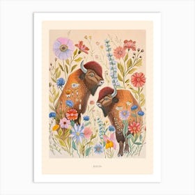 Folksy Floral Animal Drawing Bison 3 Poster Art Print