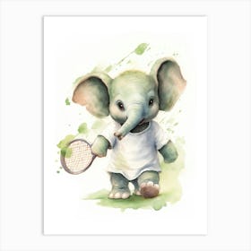 Elephant Painting Playing Tennis Watercolour 2 Art Print