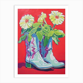 A Painting Of Cowboy Boots With Daisies Flowers, Fauvist Style, Still Life 3 Art Print