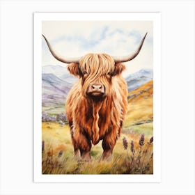 Watercolour Mountain Highland Cow 2 Art Print