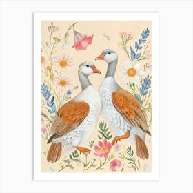 Folksy Floral Animal Drawing Goose Art Print