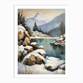 Ancient landscapes, old winter oil paintings and rocks around the lake bank. Snow is falling on the lake, old colors.6 1 Art Print