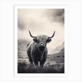 Stippling Black & White Illustration Of Highland Cow On A Cloudy Day Art Print