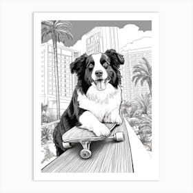 Border Collie Dog Skateboarding Line Art 3 Art Print