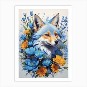 Blue Fox With Blue Flowers Print Art Print