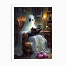 Ghost Reading with Black Cat Art Print