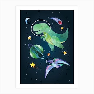 Watercolour Space Dinosaur T Rex Art Print