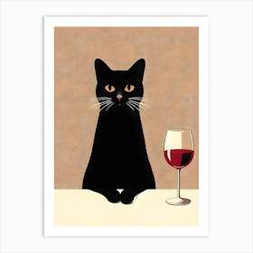 Black Cat With Wine Glass Affiche