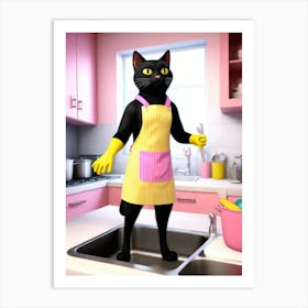 Black cat in a yellow apron Art Print