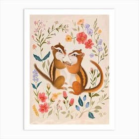 Folksy Floral Animal Drawing Chipmunk Art Print