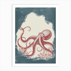 Linocut Inspired Octopus Hiding Away In A Cave 2 Art Print