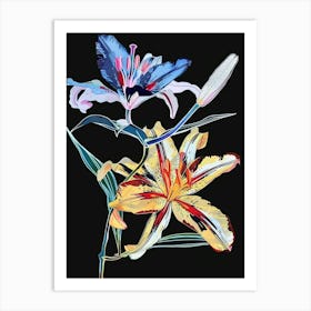 Neon Flowers On Black Lily 1 Art Print