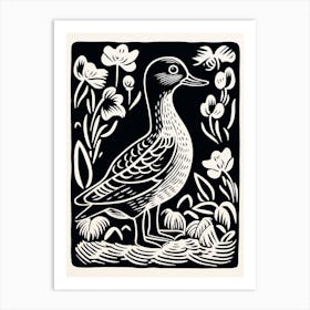 B&W Bird Linocut Duck 1 Art Print