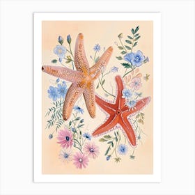 Folksy Floral Animal Drawing Starfish Art Print