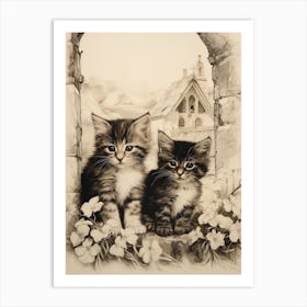 Cute Kittens Sepia Illustration With Medieval Church In Background Art Print