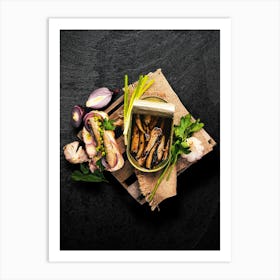 Sandwich with sprats onions and parsley — Food kitchen poster/blackboard, photo art Art Print