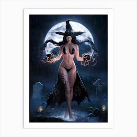 Sexy Gorgeous Witch with Fireballs Painting #4 Art Print