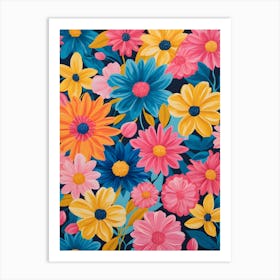 Colorful Flowers On A Blue Background Art Print