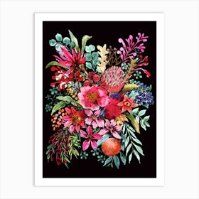 Protea And Pomegranate On A Black Background Art Print