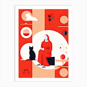 Red woman and black cat Art Print