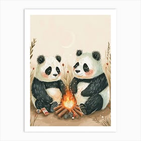 Giant Panda Two Bears Sitting Together By A Campfire Storybook Illustration 1 Art Print