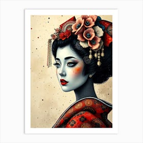 Geisha Portrait - Ink Color Art Print