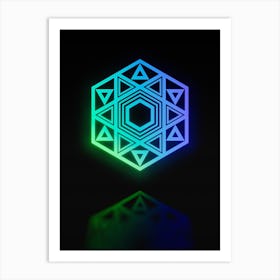 Neon Blue and Green Abstract Geometric Glyph on Black n.0423 Art Print