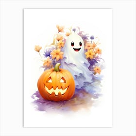 Cute Ghost With Pumpkins Halloween Watercolour 79 Art Print
