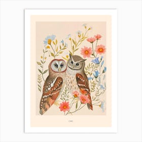 Folksy Floral Animal Drawing Owl 3 Poster Art Print