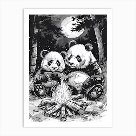 Giant Pandas Sitting Together By A Campfire Ink Illustration 1 Art Print