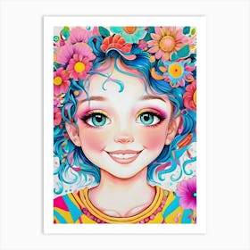 Girl With Flowers In Her Hair-Reimagined Art Print