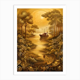 Golden Boat In The River Art Print