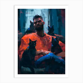 Portrait Of A Man With Cats Art Print