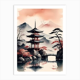 Japanese Landscape Watercolor Painting (1) Art Print