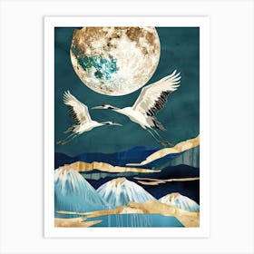 Cranes Flying Gold Blue Effect Collage 3 Art Print
