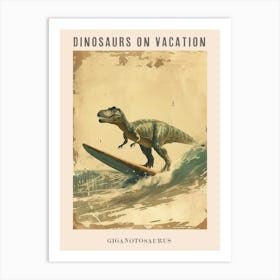 Vintage Giganotosaurus Dinosaur On A Surf Board 3 Poster Art Print