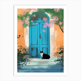 Black And White Cat Mediterranean Blue Door Art Print