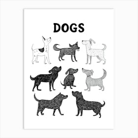 A Black And White Drawing Of Dogs Art Print