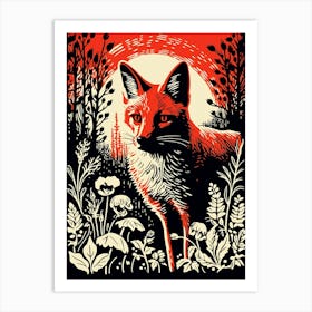Linocut Red Fox Illustration 1 Art Print