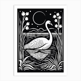 B&W Bird Linocut Swan 1 Art Print