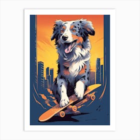 Australian Shepherd Dog Skateboarding Illustration 3 Art Print
